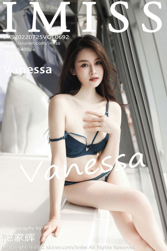 IMiss爱蜜社-692-Vanessa-米色收身连衣裙暗蓝蕾丝内衣-2022.07.25