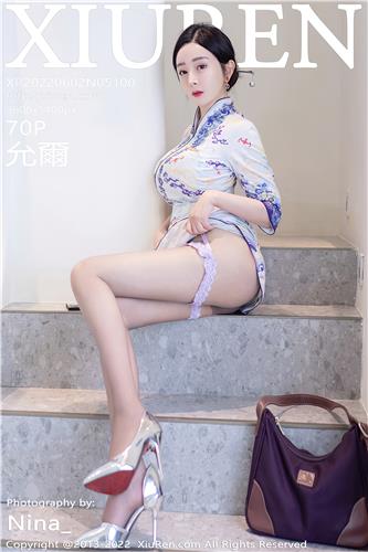 XiuRen-No.5100-允爾-白色蓝纹旗袍灰丝